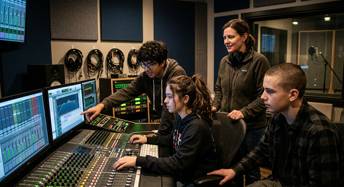 Students problem-solving with the sound crew